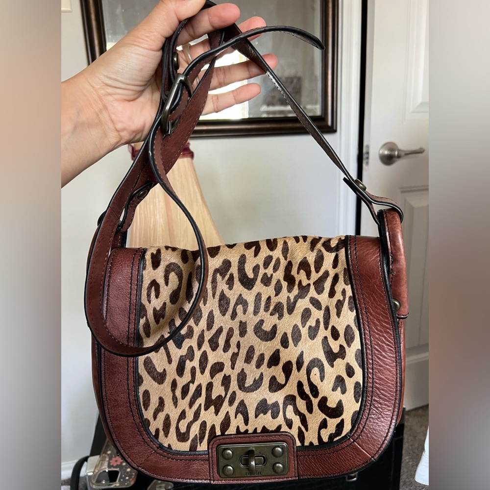 FOSSIL Vintage Reissue Brown Leather Flap Calf Hair Crossbody Purse Saddle Bag
